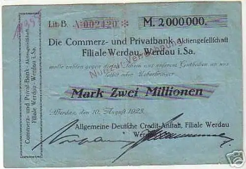 seltene Banknote Inflation 2 Millionen Mark 1923 Werdau