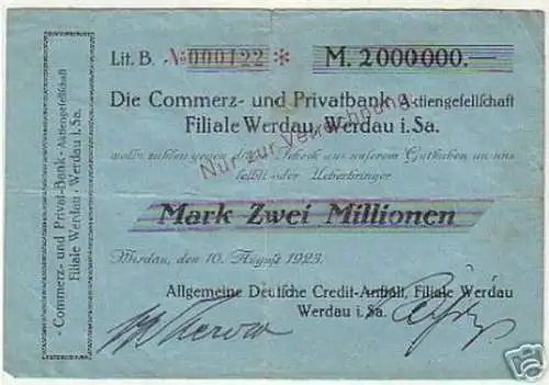 seltene Banknote Inflation 2 Millionen Mark 1923 Werdau