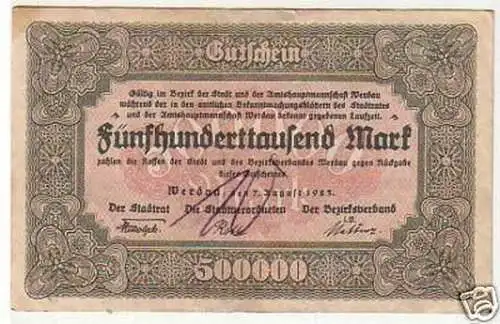 Banknote 500000 Mark Inflation Stadt Werdau 1923