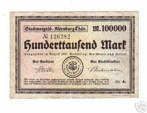 rare Banknote Inflation Altenburg 100000 Mark 1923