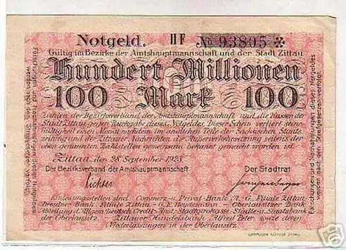 rare Banknote Inflation 100 Millionen Mark Zittau 1923