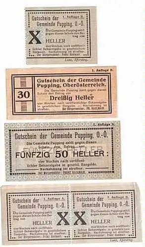 4 Banknoten Notgeld der Gemeinde Pupping O.Ö. um 1920