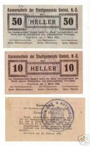 3 Banknoten Notgeld der Stadtgemeinde Gmünd N.Ö. 1920