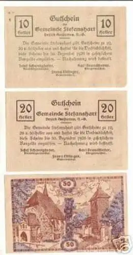 3 Banknoten Notgeld der Gemeinde Stefanshart N.Ö. 1920