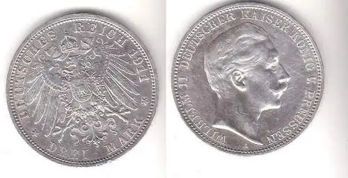 3 Mark Silbermünze Preussen Kaiser Wilhelm II 1911 Jäger 103  (111519)