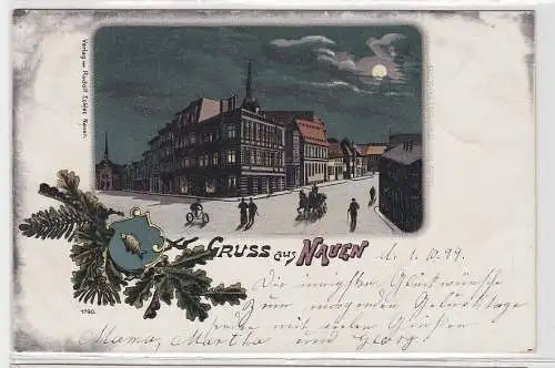 92755 Lithografie Wappen AK Gruss aus Nauen - Straßenansicht bei Nacht 1909