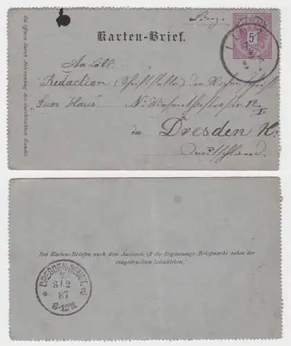 76604 Ganzsachen Kartenbrief Österreich von Linz nach Dresden 1887