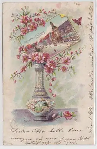 96188 Künstler Ak Vase mit Blumen und Bild von Marktplatz, Rathaus in Leipzig