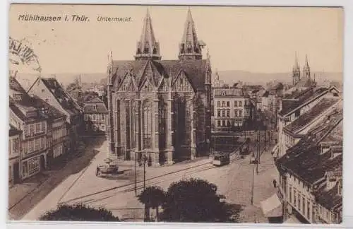 51090 AK Mühlhausen in Thüringen - Untermarkt mit Kirche und Straßenbahn 1924