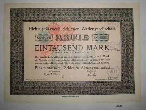 1000 Mark Aktie Elektrizitätswerk Schlesien AG Breslau 1. Juni 1913 (127428)