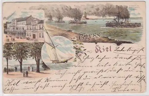 901236 Lithographie Ak Gruss aus Kiel - Hotel Bellevue, Hafen, Yacht Meteor 1902