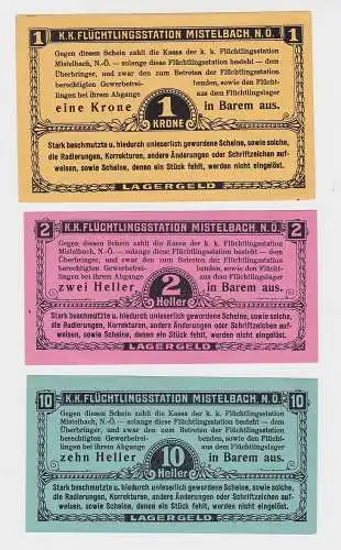 3 Banknoten K.u.K. Flüchtlingsstation Mistelbach N.Ö. kassenfrisch (130140)