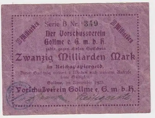 20 Mrd. Mark Banknote Vorschußverein Gollme Gollma b. Delitzsch 1923 (121999)