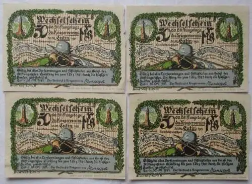 4 x 50 Pfennig Banknoten Notgeld Kriegerverein  Eutin 30.10.1921 (116935)