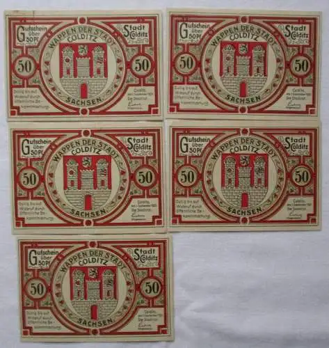 5 x 50 Pfennig Banknoten Notgeld Stadt Colditz 1.9.1921 (167321)