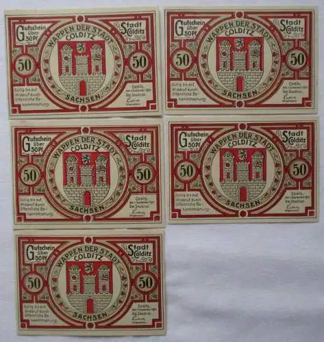 5 x 50 Pfennig Banknoten Notgeld Stadt Colditz 1.9.1921 (163434)