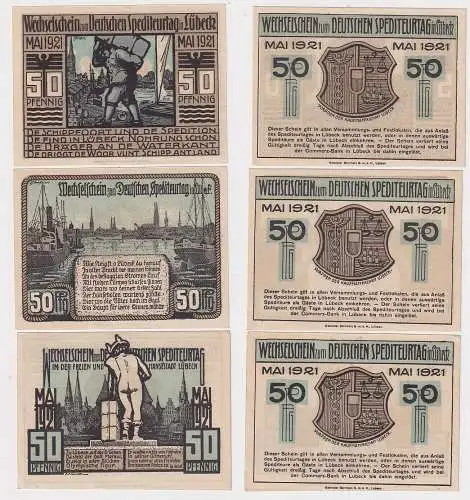 3 x 50 Pfennig Banknoten Notgeld Lübeck Spediteurtag Mai 1921 (139108)