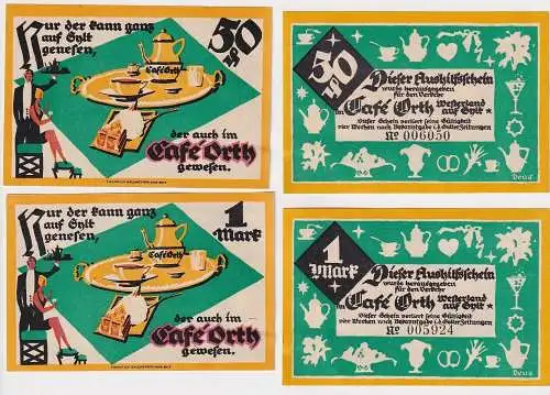 2 Banknoten Notgeld Gemeinde Westerland auf Sylt Café Orth o.D. (1921) (130679)