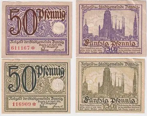 2 x 50 Pfennig Banknote Stadtgemeinde Danzig 15.4.1919 Ro.790/791 (145497)