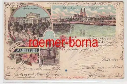 75292 Ak Lithografie Gruss aus Magdeburg Stadt-Theater, Elbe u. Dom 1900