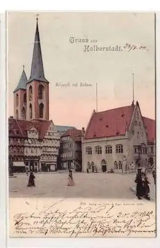 56127 Ak Gruß aus Halberstadt Holzmarkt und Rathaus 1900