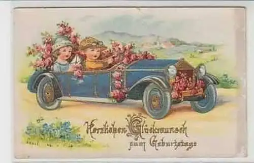 26007 Geburtstags Ak Auto mit Blumenschmuck um 1920