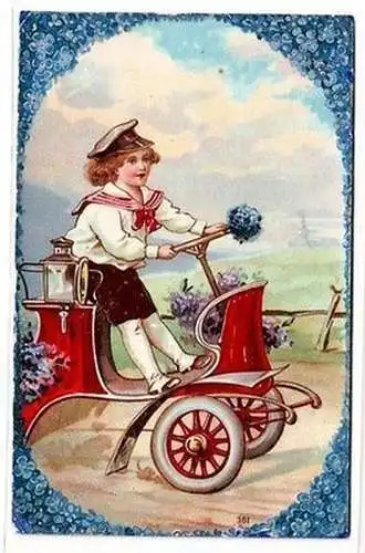 65105 Kitsch Ak Kind lankt altes Automobil 1909