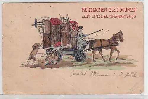 68440 Herzlichen Glückwunsch zum Einzuge Ak Pferdefuhrwerk Umzugswagen 1906