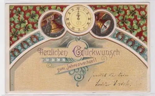 82348 Präge AK Herzlichen Glückwunsch zum Jahreswechsel! Glocken & Uhr 1908