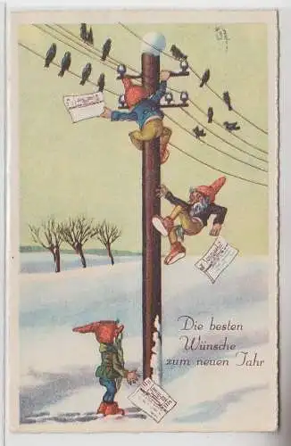 69130 Neujahrs Ak 3 Zwerge turnen an Telegraphenmast 1930