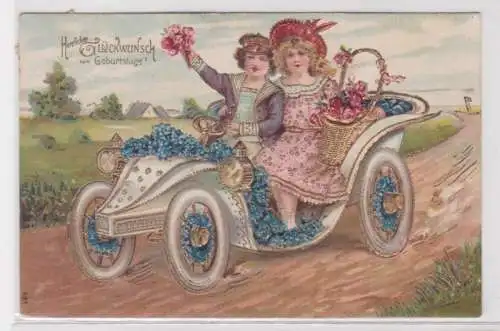 47644 Präge Glückwunsch Geburtstags Ak geschmücktes Automobil 1908