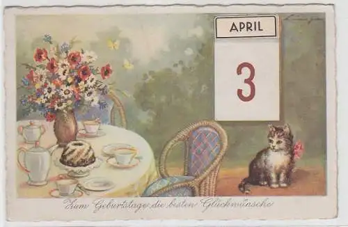 67911 Glückwunsch Ak Katze sitzt neben Kaffeetisch 1942