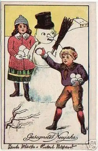 16075 Neujahrs Ak mit Schneemann und Kindern um 1920