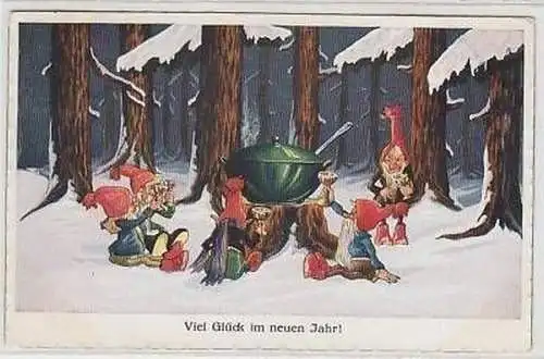 45852 Neujahrs Ak Zwerge zechen im Wald 1928