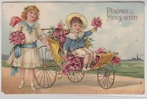 45840 Neujahrs Ak Kinder mit Blumen und Dreirad 1907