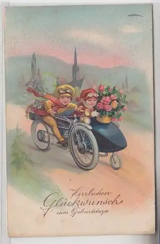 03600 Glückwunsch Ak 2 Kinder fahren mit Seitenwagenmotorrad 1934