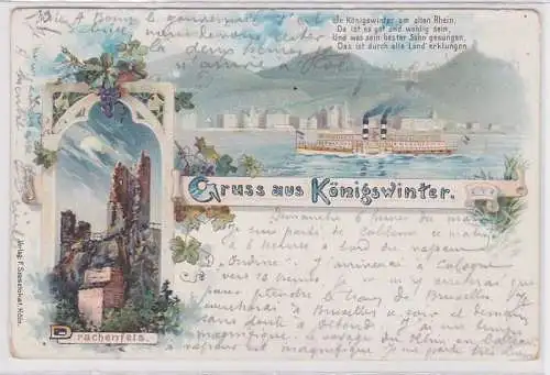 91958 AK Gruss aus Königswinter - Drachenfels, Schaufelraddampfer 1898