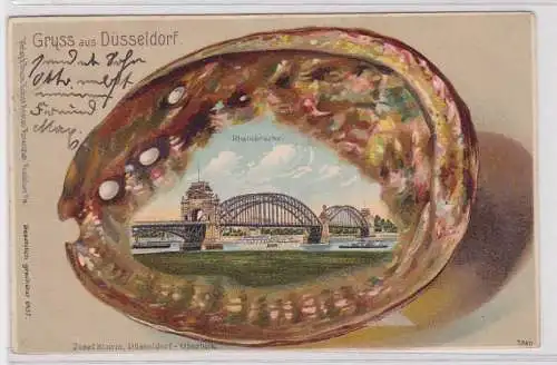 72515 Rahmen AK Gruss aus Düsseldorf - Rheinbrücke in geprägter Muschelschale