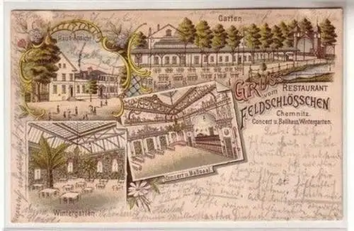 58757 Ak Lithographie Gruß vom Restaurant Feldschlösschen Chemnitz 1898