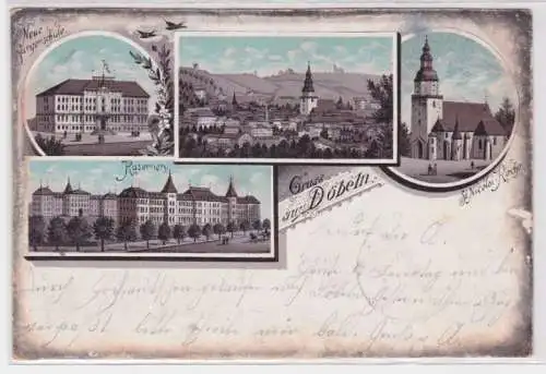 22061 Ak Lithographie Gruss aus Döbeln Kaserne, Bürgerschule usw. 1910