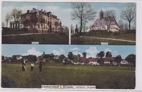 07176 Mehrbild Ak Leukersdorf im Erzgebirge Schule, Kirche usw. um 1920