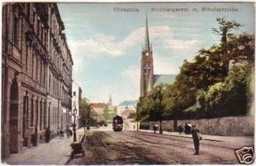 20079 Ak Chemnitz Stollbergerstraße mit Nikolaikirche