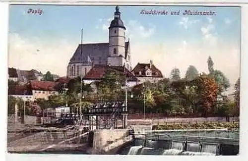 39202 Ak Penig Stadtkirche und Muldenwehr 1913