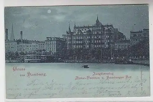 63770 Mondscheinkarte Gruß aus Hamburg Jungfernstieg und Hamburger Hof 1898