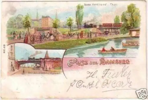 20696 Litho Gruss aus Hamburg Neue Bahnbrücke usw. 1904