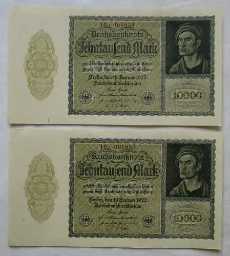 2 x 10000 Mark 19.1.1922 mit fortlaufender Nummer UNC (151275)