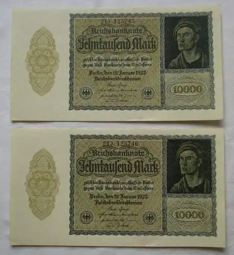 2 x 10000 Mark 19.1.1922 mit fortlaufender Nummer UNC (130534)