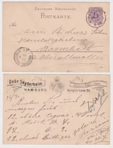 05291 Ganzsachen Postkarte P18 Zudruck Gebr. Seyderhelm Lieferant Hamburg 1889