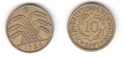 10 Reichspfennig Messing Münze Deutsches Reich 1930 J, Jäger 317 (112554)