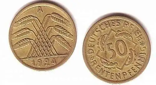 50 Rentenpfennig Messing Münze Deutsches Reich 1924 A